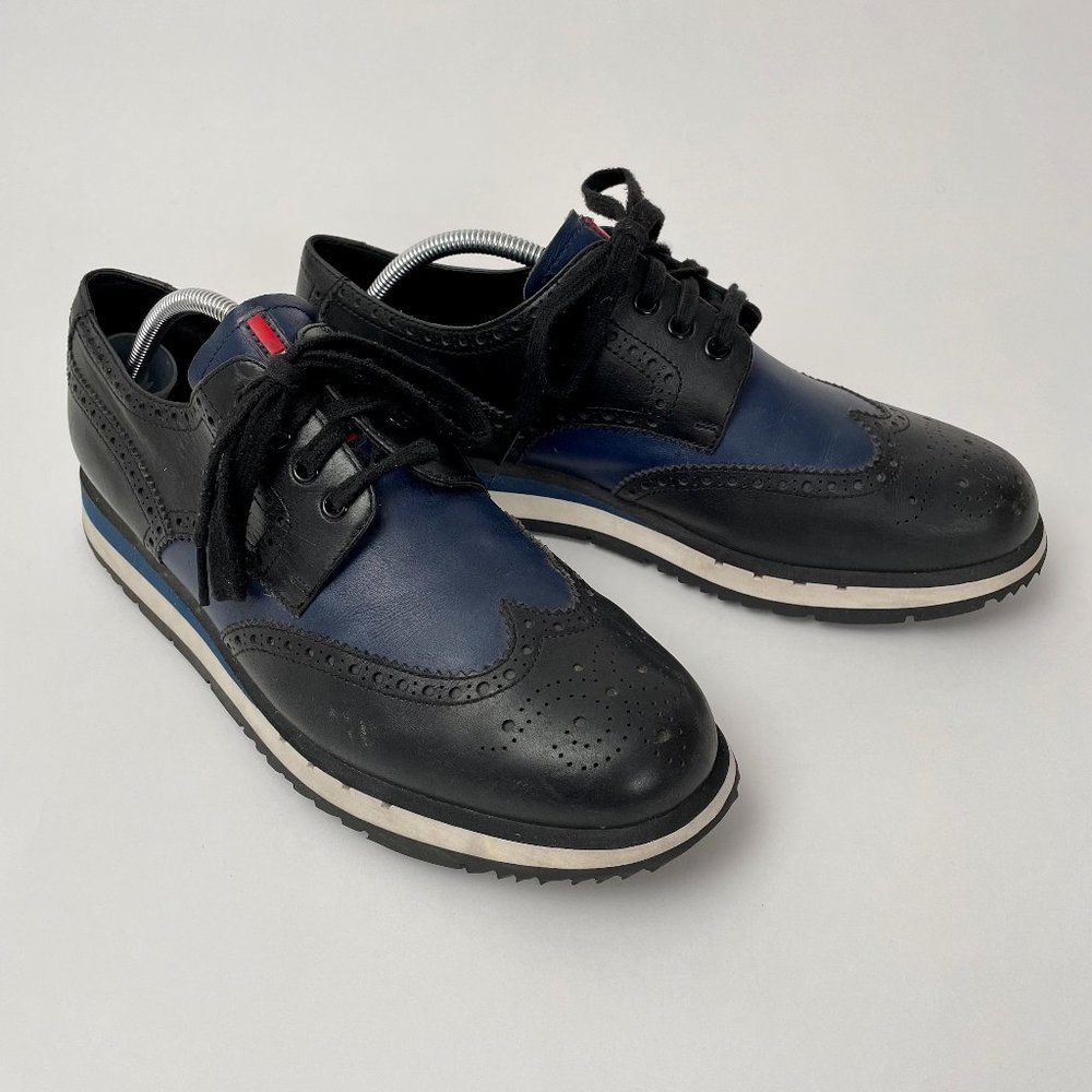 Prada Vit Montana Calf Leather Platform Wing Tip Brogues, Black/Navy, Size 11